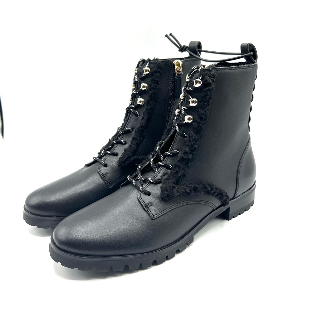 Kate Spade Combat Boots Black Leather Gold Lace Up 7.5 Raquelle Ankle Block Heel